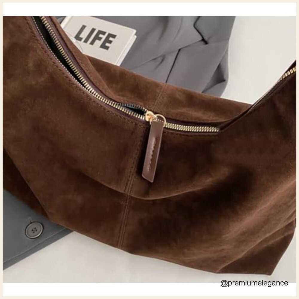 Faux Suede Hobo Tote Shoulder Bag 15.4 Inches Travel Work Purse - Picture 7 of 7